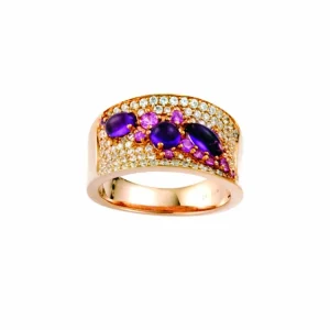 Ametyst-, rosa safir- og diamant designring