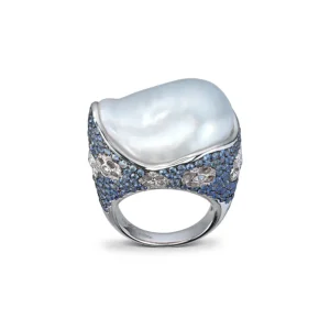 Safir- og diamantring med sydhavsperle