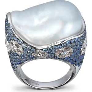 Safir- og diamantring med sydhavsperle